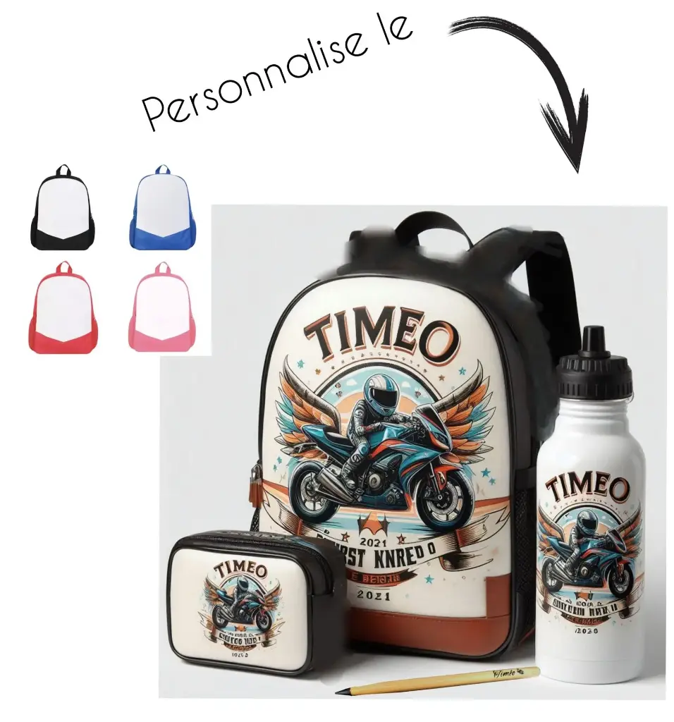 Ensemble personnalisé ( Grand cartable, gourde , plumier ) Crayon en bois personnalisé OFFERT (rose)