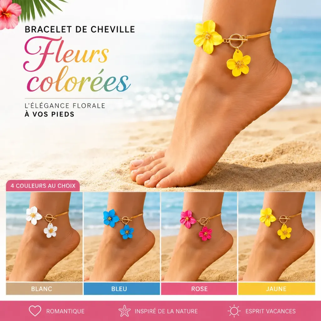 Bracelet de cheville- Fleurs colorées (blanc)