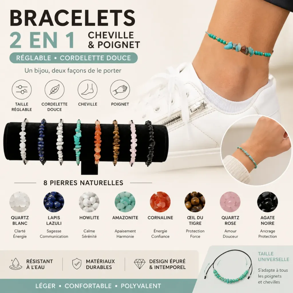Bracelet 2-en1 : Cheville & Poignet en Pierres Naturelles
