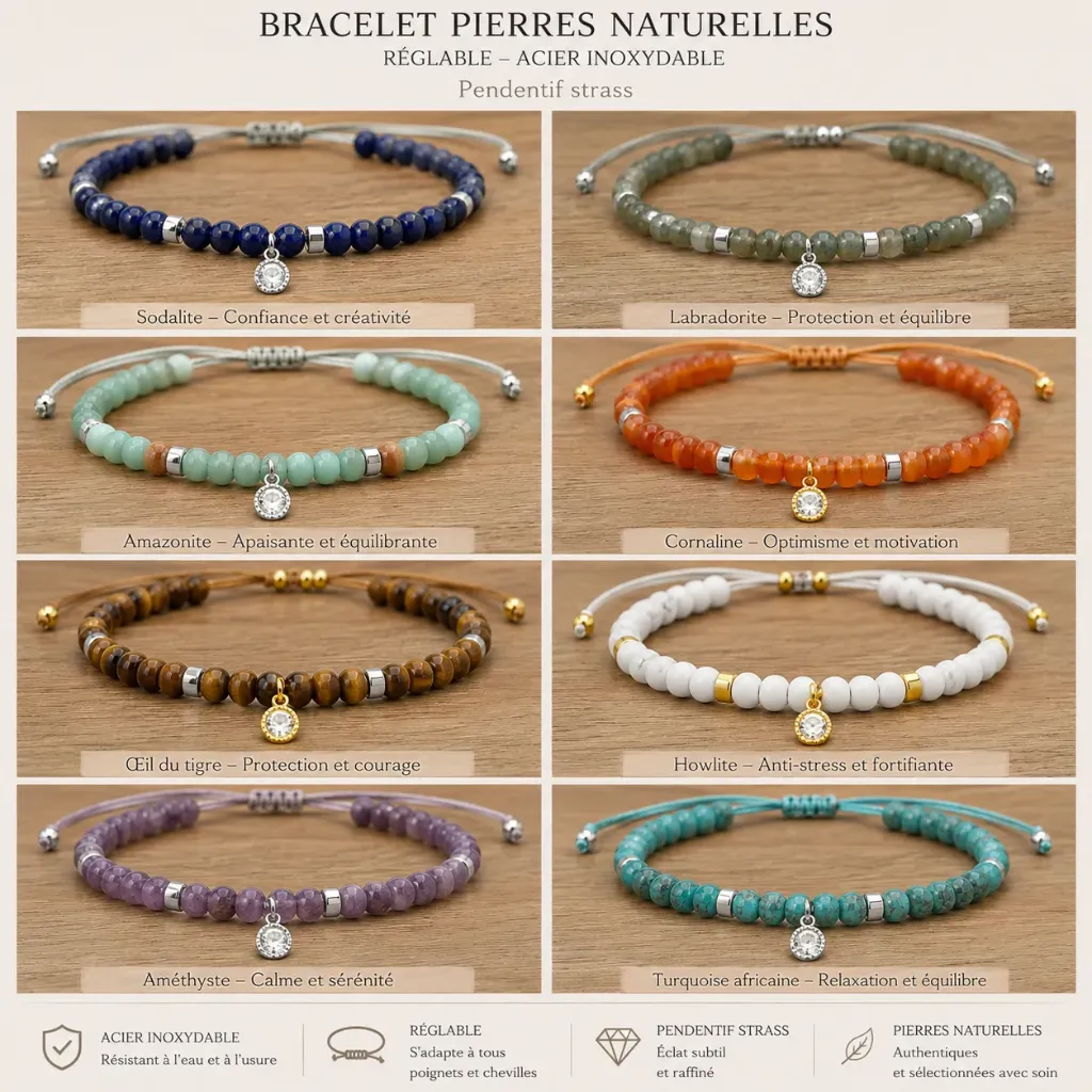 Bracelet en Pierres Naturelles Réglable – Pendentif Strass