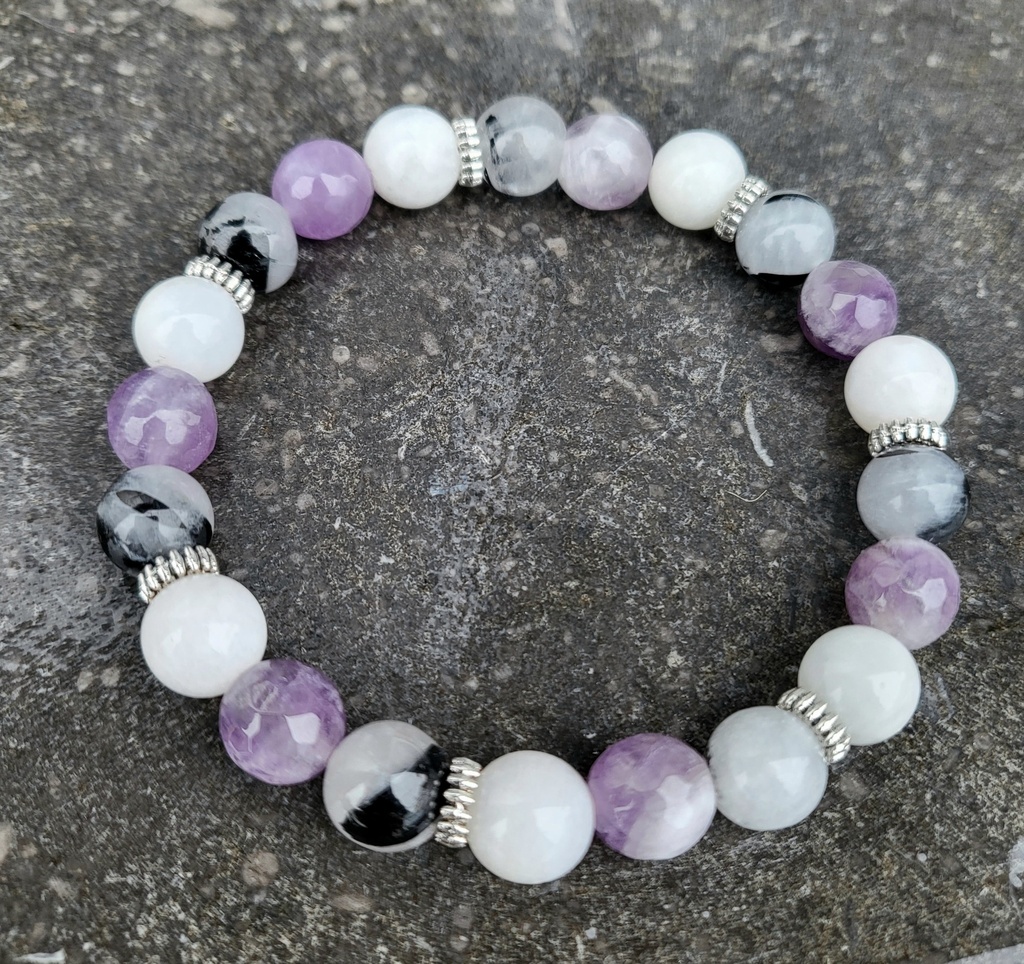 Bracelet "Spécial ménopause" améthyste, quartz rutile & pierre de lune (S (17cm), Améthyste)