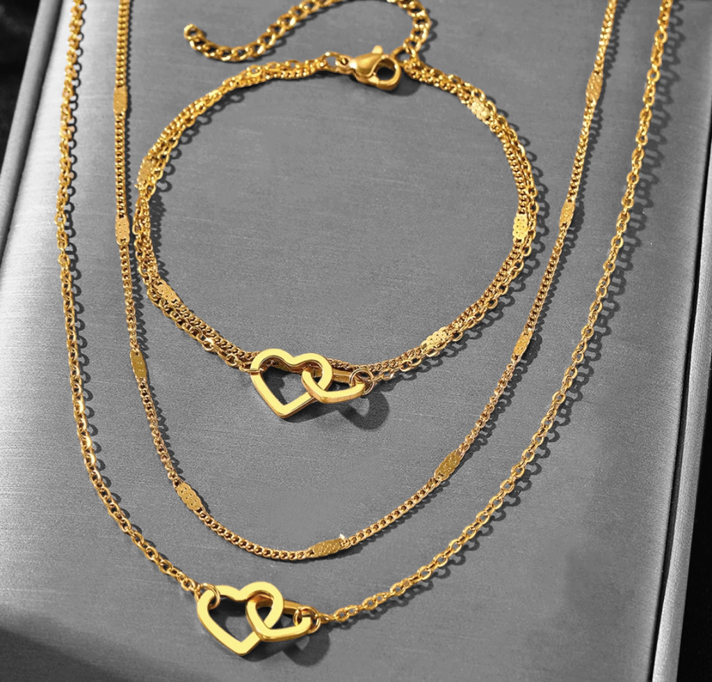 Ensemble bracelet et collier menotte en forme de coeur (doré)